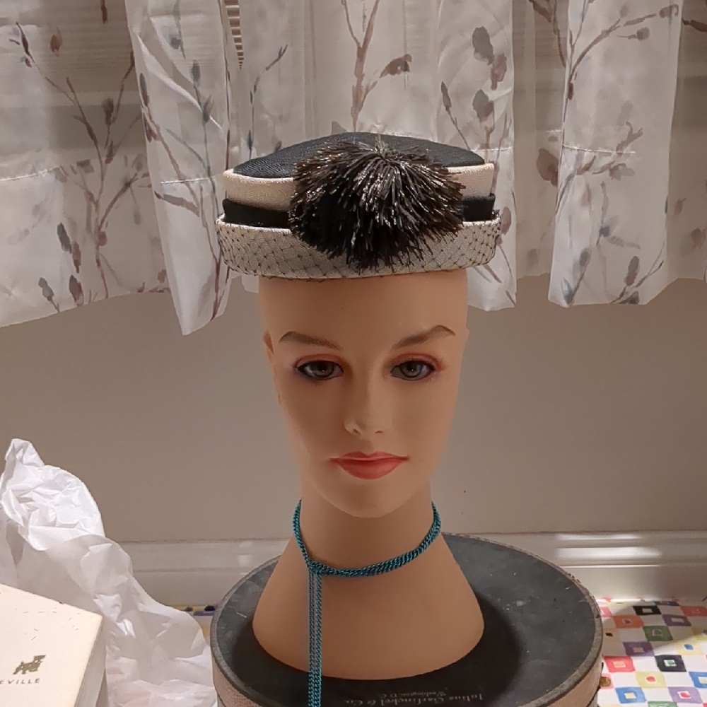 Sophisticated vintage joal , Black and Cream Women's Hat with pompom accent